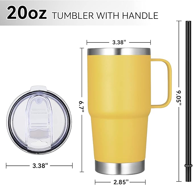 VEGOND 20 oz Tumbler with Handle Lid and Straw, Stainless Steel Insulated Travel Coffee Mug Spill Proof Double Wall Metal Tumbler Cup Keeps Drink Hot and Cold, Yellow 1 Pack