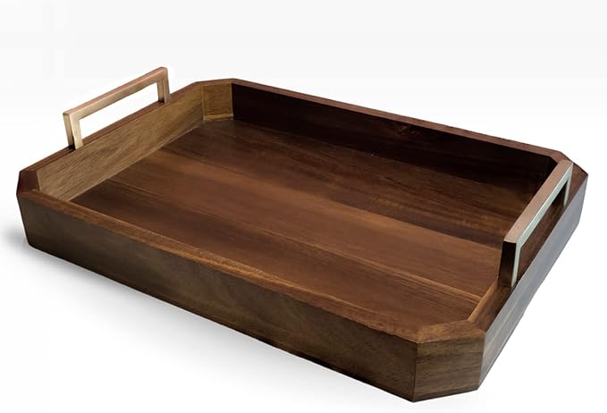 Decorative Acacia Wood Ottoman Tray - Coffee Table Tray - Breakfast, Party, Drinks, Snack, Liquor Serving Platter - Farmhouse to Modern - Brass Handles (Varnish)