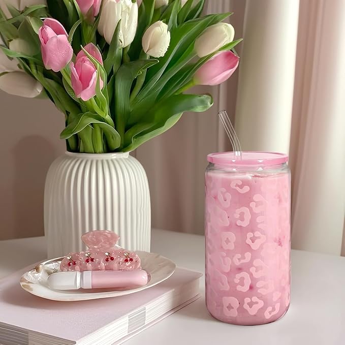 SANDJEST Leopard Glass Bottle, Pink Leopard Print Glass Cup with Lid & Straw, Iced Coffee Aesthetic Glass Can, Gifts for Women, Christmas Birthday Mother's Day