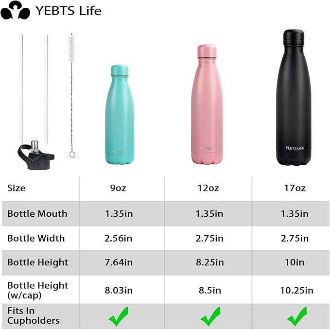 Insulated Water Bottle,2 Pack-9oz Stainless Steel Water Bottles with straw lid,Metal Sports Thermos Water Bottles for Boys,Girls,Double Wall Vacuum BPA-Free Flask for School, Sports & Travel-Black