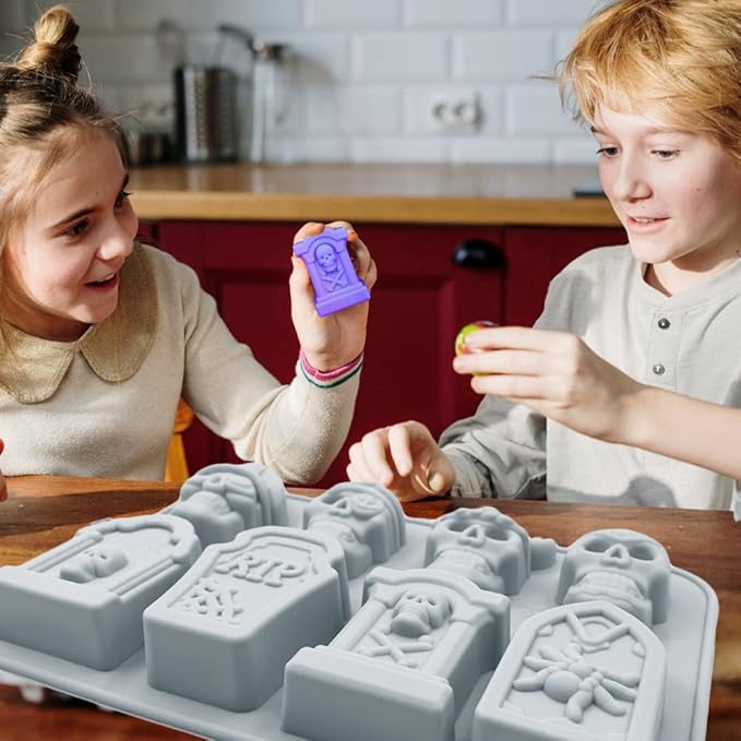 Halloween Chocolate Mold Silicone,2pcs Cavity Candy Gummy Mold with Skull and Tombstone for Baking Chocolate Jelly Gummy Desser