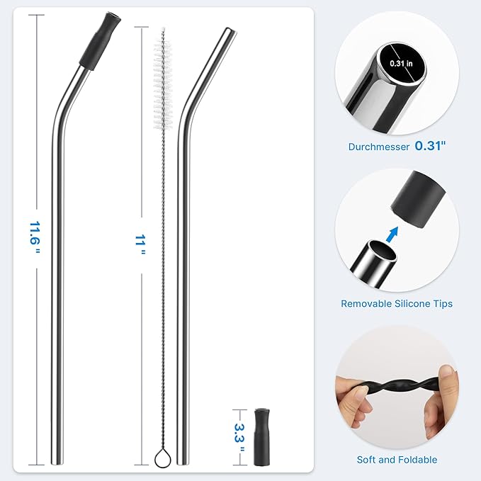 Repeatable Metal Straw with Silicone Tips for 30 oz Stanley Tumbler, 2 Pcs 30 oz Stainless Steel Straws Replacement for Stanley Tumbler, 1 Straw Brush, BPA Free（Black）
