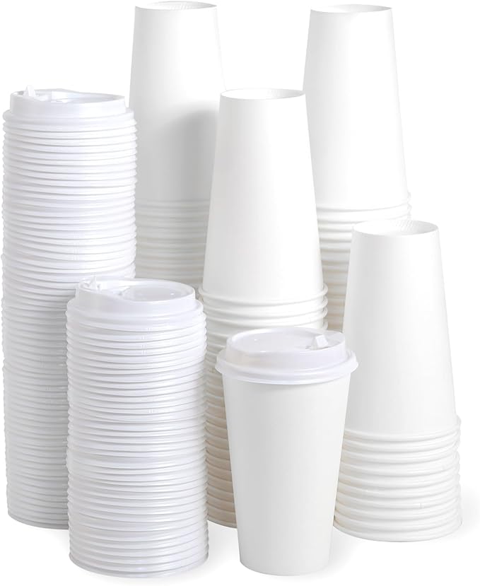 JOLLY PARTY [100 Pack] 16 oz Paper Coffee Cups, Disposable Paper Cup with Lids, Hot/Cold Beverage Drinking Cup for Water, Juice, Coffee or Tea, Suitable for Home, Shops and Cafes