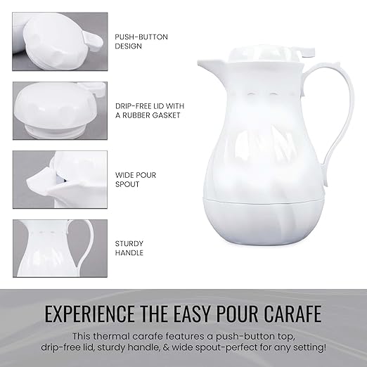 OCS Parts Easy Pour Thermal Coffee Carafe | 8-Inch Insulated Hot and Cold Beverage Pitcher Server for Coffee, Tea, Hot Chocolate and Water with Colored Tags for Easy Idenfication | 20-Ounce | White