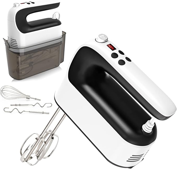 9-Speed Digital Hand Mixer Electric, 400W Powerful DC Motor, Baking Mixer Handheld with Snap-On Storage Case, 5 Stainless Steel Accessories, Flat Beaters, Dough Hooks, Whisk (White & Black)