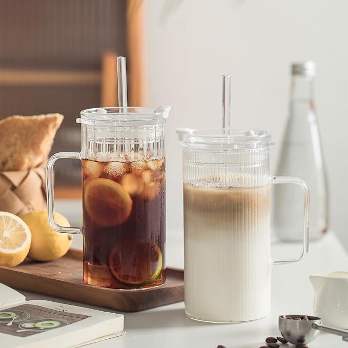 KEMORELA 2PCS Glass Tumbler with Lid and Straw - 24oz Ribbed Drinking Cups with Straw & Lid, Iced Coffee Cups - Reusable Glass Tumblers for Tea, Juice, Bubble Tea