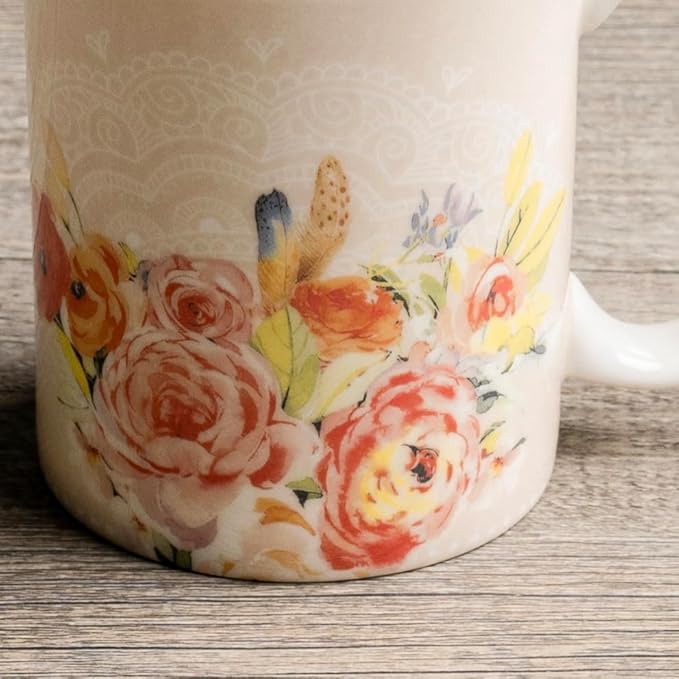 Maison d' Hermine Coffee Mug with Handles Fine Bone China Mugs Pack of One Tea Cups for Hot Beverages Cappuccino Latte Home Restaurant Office Perfect for Gift (Ibiza - Beige - Feather, 12 Ounce)