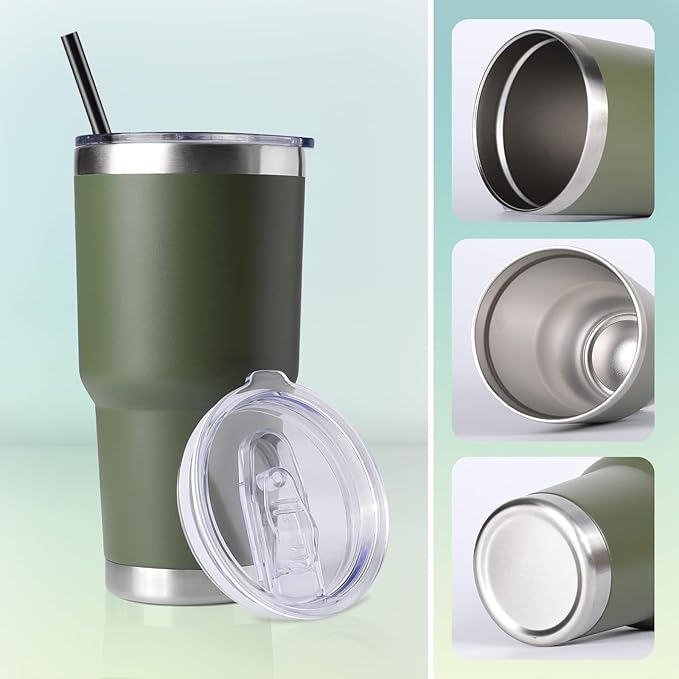 DOMICARE 30oz Tumbler Bulk with Lid and Straw, Double Wall Travel Coffee Mug, Insulated Vacuum Stainless Steel Tumblers, Powder Coated Tumbler Cup (Army Green, 8)