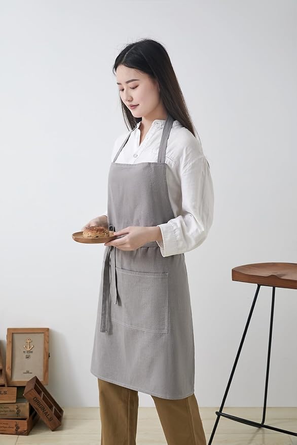 Cotton Linen Apron for Women - Adjustable Casual Apron with Pocktes, Great for Florist, Coffee House and Kitchen