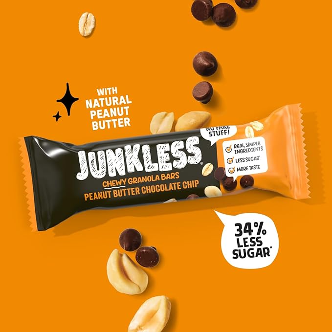 JUNKLESS Chewy Granola Bar 4‑Flavor Variety Pack (24 Bars)–Non‑GMO, Gluten‑Free, Less Sugar Snack Bars— Chocolate Chip, Double Chocolate, Peanut Butter Chocolate Chip & Real Strawberry, 4 Boxes