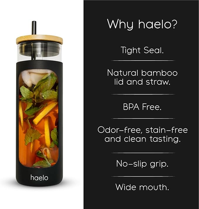 haelo 20oz Glass Tumbler Water Bottle, Iced Coffee Cup with Straw, Silicone Protective Sleeve, Bamboo Lid Reusable BPA Free (Amber)