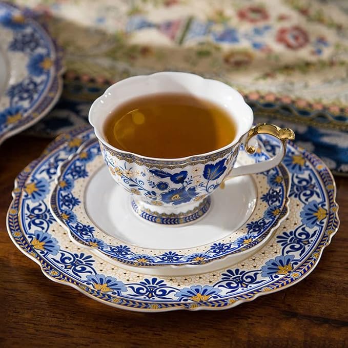 ACMLIFE Bone China Tea Cups and Saucers, 6.8 oz Tea Cup and Saucer Set, with Gold Trim and Gift Box, Blue and White (Blue-D)