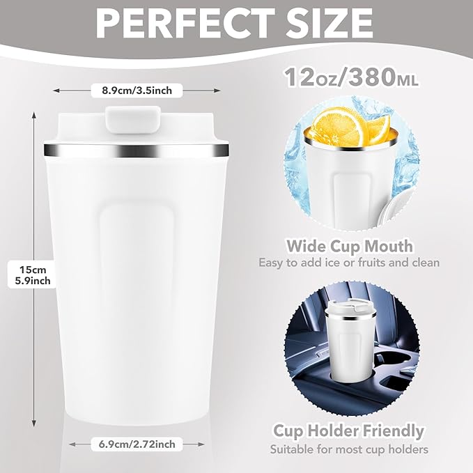 Volhoply 12 oz Double Wall Insulated Vacuum Travel Coffee Mugs with Flip Lid Bulk 2 Pack,Reusable Stainless Steel Leak Proof Coffee Cup,Portable Cafe Thermal Tumbler for Hot & Cold Drinks(White,2 Set)