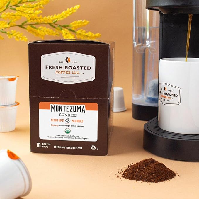 Fresh Roasted Coffee, Organic Montezuma Sunrise | USDA Organic, Kosher | Medium Roast 72 Pods for K Cup Brewers