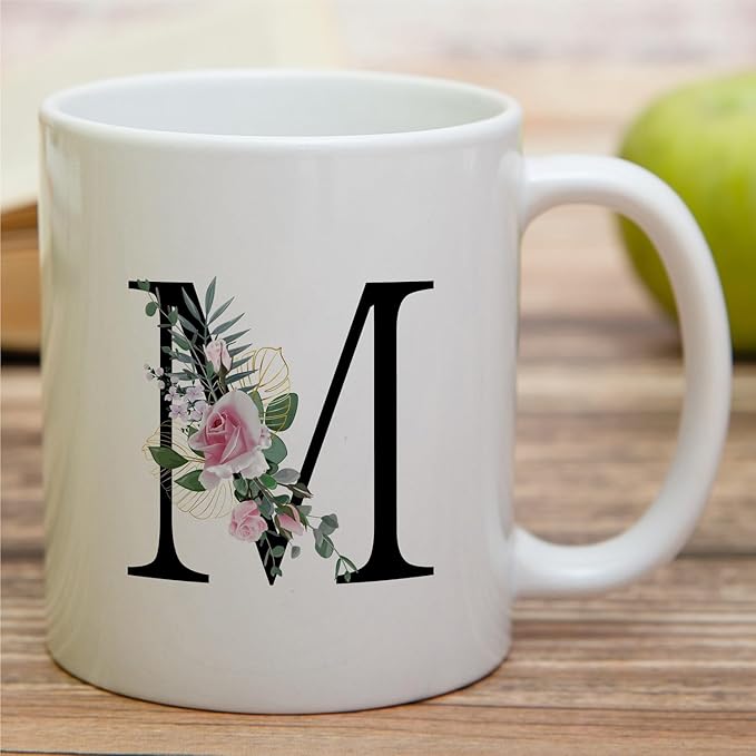 Retreez Initial A-Z Floral Botanical Bouquet Alphabet Monogrammed Monogram Mug 11 Oz Ceramic Tea Coffee Mugs - Appreciation Thank You Wedding Birthday Gifts for her friend coworker sister - M Initial