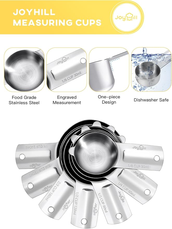 Joyhill Measuring Cups of 7 Pieces, 304 Stainless Steel Measuring Cups Metal for Baking Cooking, Dry and Liquid Ingredients