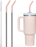 Metal Straw with Silicone Tip for 40oz Stanley Cup, 2 Pcs Stainless Steel Straws Replacement for Stanley 40 oz Adventure Quencher Travel Tumbler Cup, 1 Straw Brush (Light Pink)