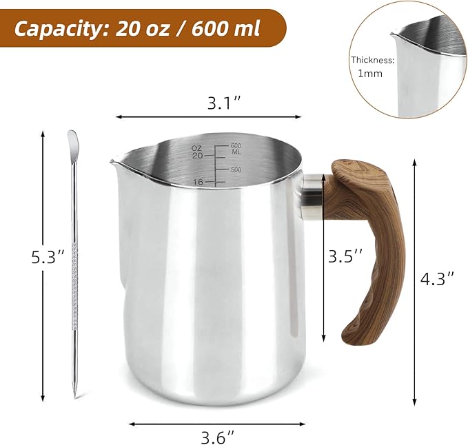 Stainless Steel Milk Frothing Pitcher - 20oz (600ml), Espresso Steaming Pitcher with Anti-scald Handle for Coffee, Cappuccino, Latte Art