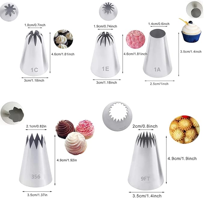 Piping Tips Large Pastry Tips Set,Cake Cream Decorating Tips for Frosting,Icing Piping Nozzle For Cupcakes Cakes Cookies(1A,1C,1E,356,9FT)