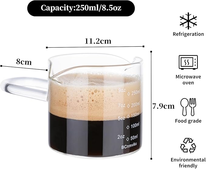 BCnmviku 250ML/8.5OZ Espresso Glass Measuring Cup Triple Pitcher Milk Cup Espresso Cups with U-shape Handle Espresso Shot Glass with V-Shaped Mouth Clear Accessories Milk Frothing Pitcher (1)