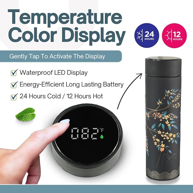 Farasi Tea Infuser for Loose Leaf Tea Smart Water Bottle with Fahrenheit Temperature Display, Stainless Steel, Insulated Coffee and Fruit Tea Infuser Bottle - Black Floral Tea Mug 15 oz