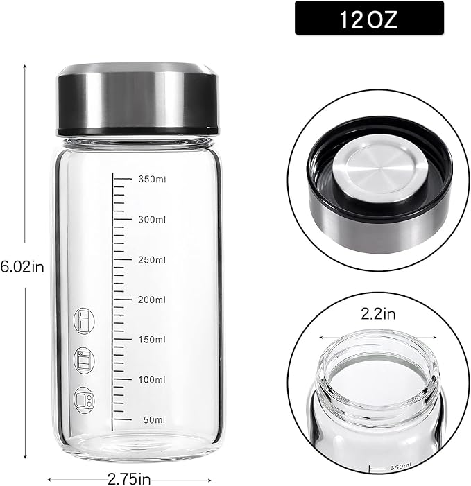 12Oz Glass Water Bottle with Lid and Sleeve,0.15in/3.8mm Thick Glass Shaker Bottles for Protein Mixes,Juicing,Smoothies, Infused Water,Beverage,Wide Mouth Small Reusable Coffee Bottle