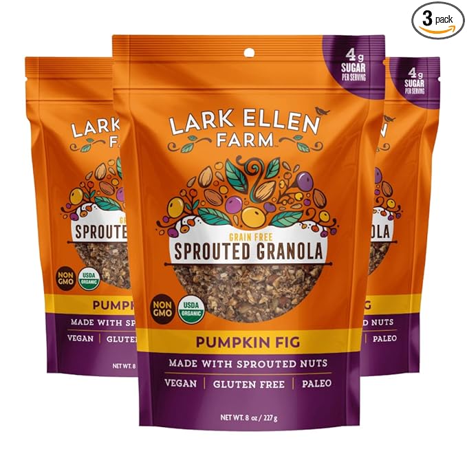 Lark Ellen Farm Grain-Free Granola, Certified Organic Raw Sprouted Vegan Clusters, Paleo & Crunchy Gluten-Free Bites for Cereal or Yogurt, Pumpkin Fig, 8 oz, 3 Pack