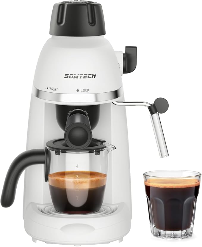 Coffee Machine, 3.5 Bar Espresso Cappuccino Machine with Milk Frother, 1-4 Cup Portable Coffee Maker for Latte, Cappuccino, 800W, White