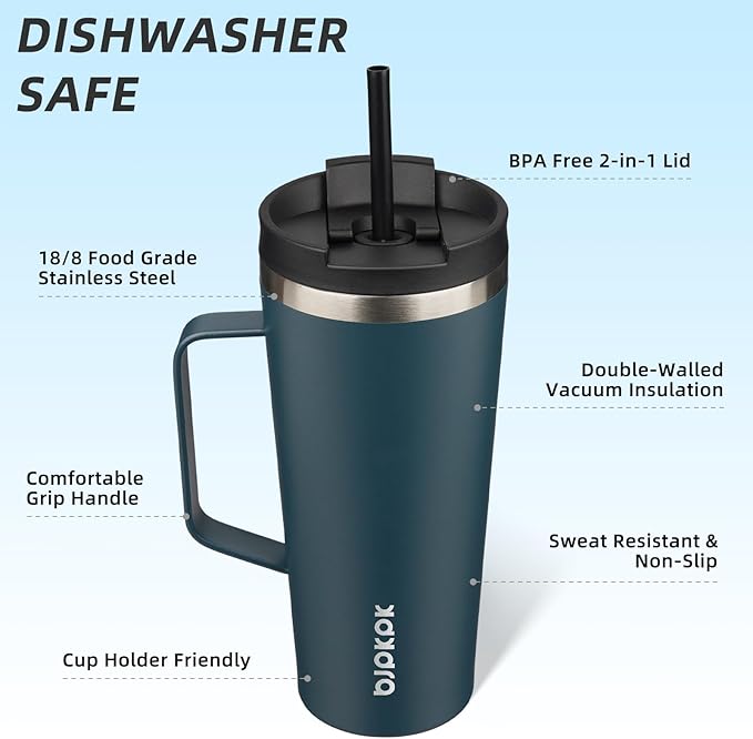 BJPKPK Insulated Tumbler with Handle, 22oz Insulated Tumblers with Lid and Straw, Stainless Steel Metal Water Bottles, Coffee Travel Mugs, Cups, Navy Blue