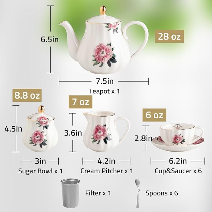 Porcelain Tea Sets British Royal Series, 8 OZ Cups & Saucer Service for 6, with Teapot Sugar Bowl Cream Pitcher Teaspoons and Tea Strainer, Suitable for High Tea, Wedding, Party（Spring Flowers）