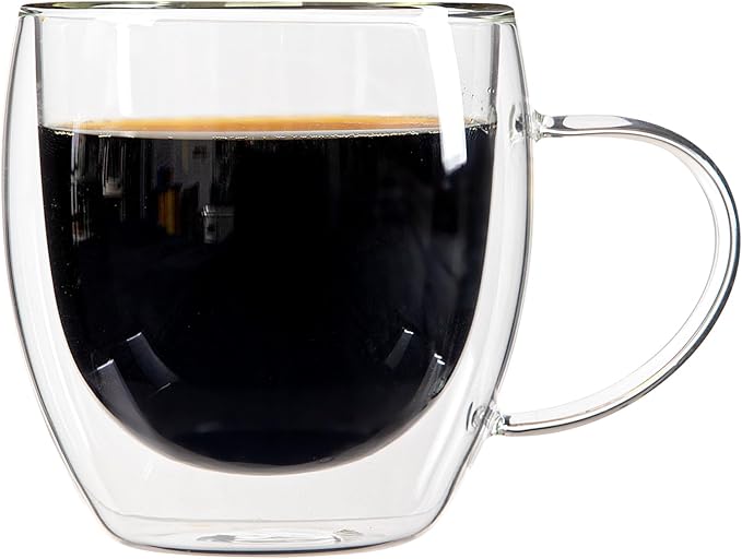 Restaurantware-Forma Professional 8.5 Ounce Glass Coffee Cups, 12 Insulated Coffee Cups With Handle - Dishwashable, Reusable, Clear Double Wall Beverage Tumblers, Freezable, For Hot Or Cold Beverages