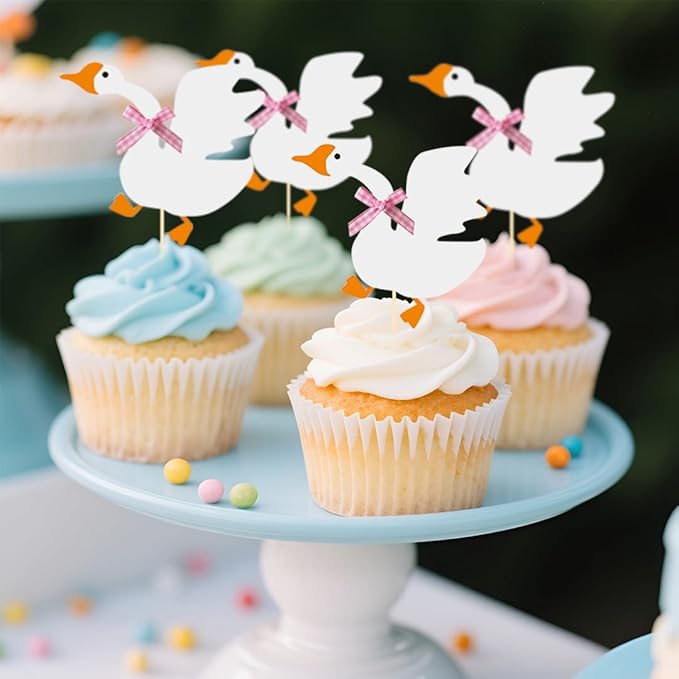 12PCS Silly Goose Cupcake Toppers, Funny Goose Birthday Cake Decorations White Goose Baby Shower Theme Decorations Party Supplies for Baby Boy Girls Birthday Party Decorations