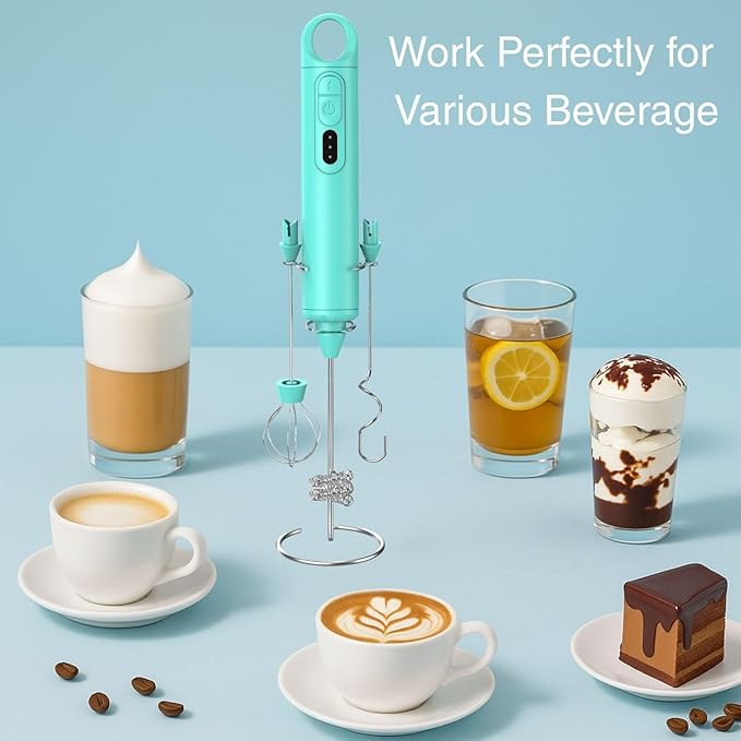 Rechargeable Milk Frother Handheld 3 Speed Coffee Foamer [3 Whisk] Electric Drink Mixer for Latte, Cappuccino, Coffee, Eggs, Hot Chocolate, Mint