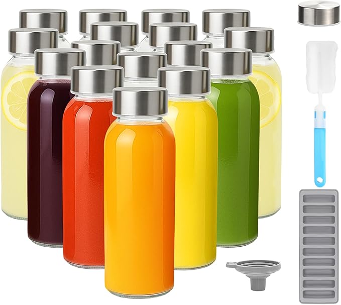Zukro Glass Water Bottles with Lids 10 oz, Reusable Clear Juice Bottles With Stainless Steel Airtight Cap for Juicing, 100% Leak Proof Juice Drinking Jar for Ginger and Milk, BPA Free