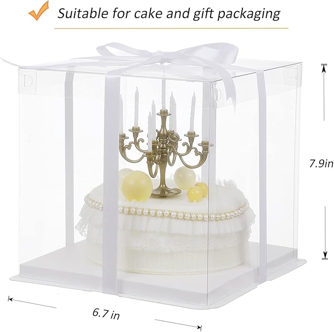 XININSUN 6Pcs clear cake boxes with Ribbon, 6inch cake boxes for Christmas Bakery Treat,Holiday Pastries,Gift Giving-White