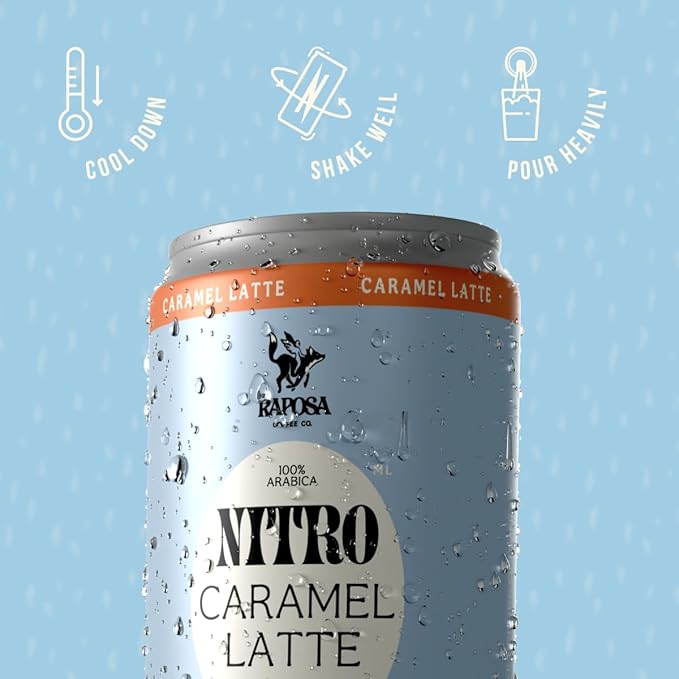 Raposa Nitro Cold Brew Ready to Drink Coffee 250ml - 8.45oz - Made with Oat Milk - Dairy Free - Vegan Cold Brew Ready to Drink, No Artificials - 150mg Caffeine (Caramel Latte (12 Pack))