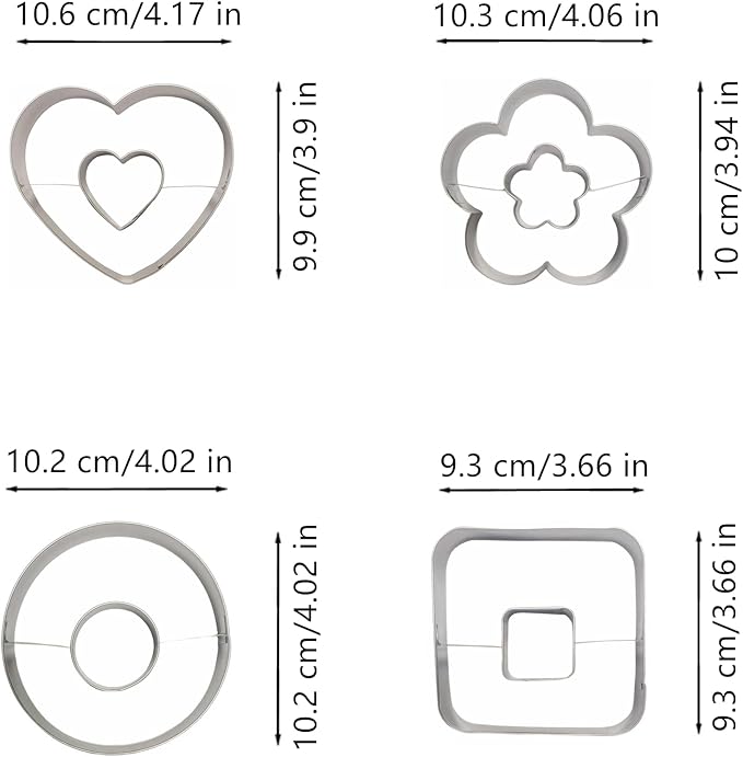 Large Size Donut Design Cookie Cutters Set of 4 pcs, Stainless Steel 4 Shapes Cream-filled Doughnut Fondant Cutter Molds Baking DIY (Round + Square + Heart + Flower)