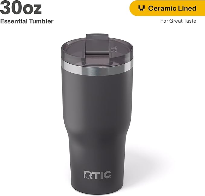 RTIC 30oz Essential Tumbler with Lid, Insulated, Stainless Steel, Metal, Double Wall Vacuum-Insulation, Ceramic Lined, Travel Cup for Iced Coffee, Tea, Hot and Cold Drink, Graphite