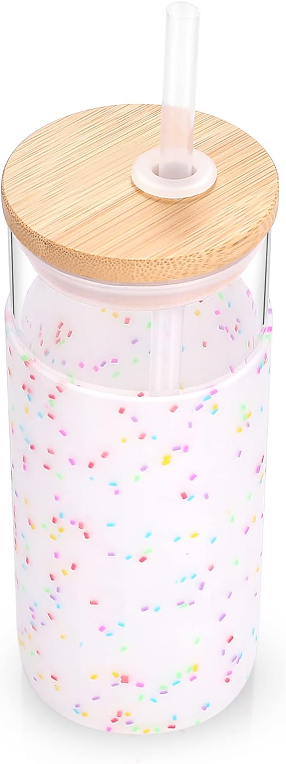 Tronco 20 oz Glass Tumbler Glass Water Bottle Straw Silicone Protective Sleeve Bamboo Lid - BPA Free (Colorful spots/ 1pack)
