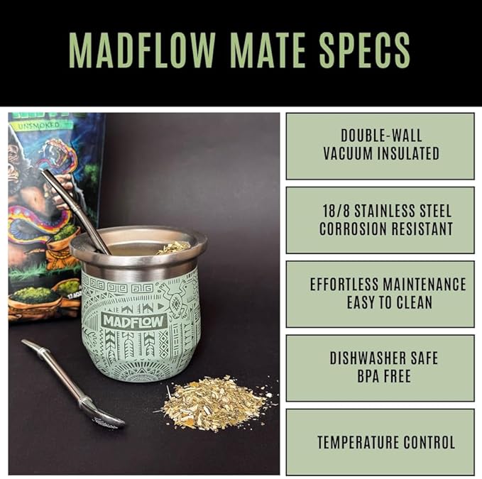 MADFLOW Yerba Mate Cup. Stainless Steel Mate Cup with 2 Bombillas. Double Wall Vacuum Insulated Yerba Mate Gourd. Unique Mate Cup And Bombilla Set