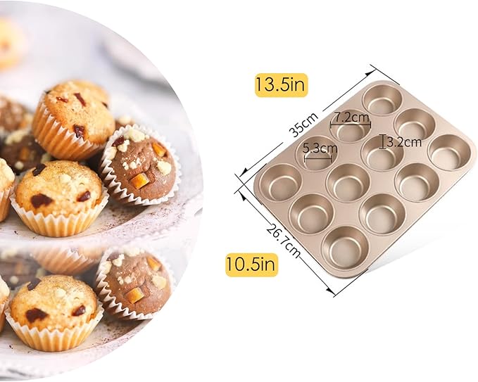12-Cup Muffin Pan Tin for Baking, 2 Packs Nonstick Cupcake Pan Tin, Cup Cake Tray, Cheesecake Pans, Gold