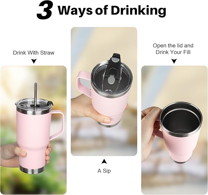 20 oz Tumbler with Handle, Stainless Steel Insulated Tumbler with Lid and Straw, Double Wall Vacuum Coffee Mug Tumbler, Insulated Coffee Thermal Cup for Cold and Hot (Pink)