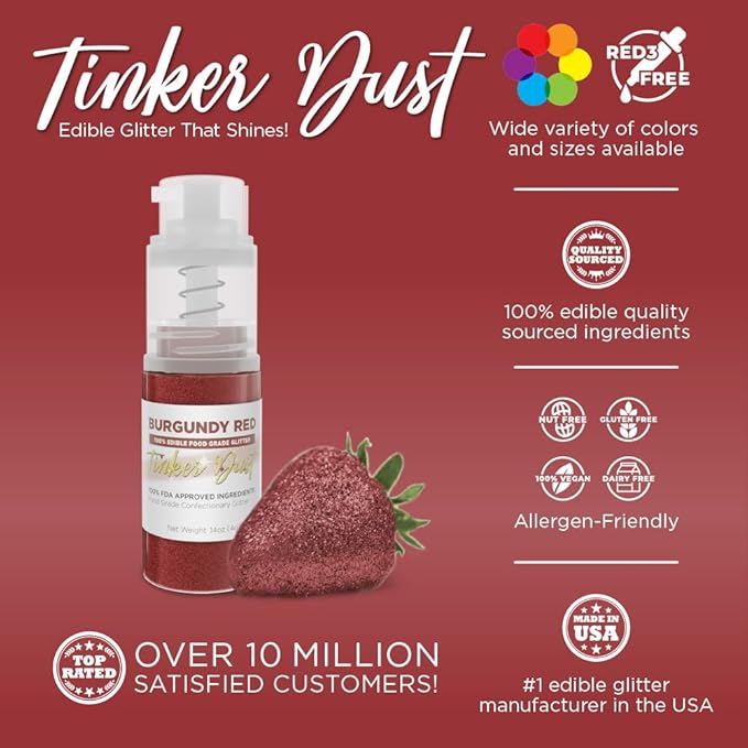 Bakell - Burgundy Red Tinker Dust (4g, 1x Mini Spray Pump) Edible Glitter for Food, Desserts, and Beverages!