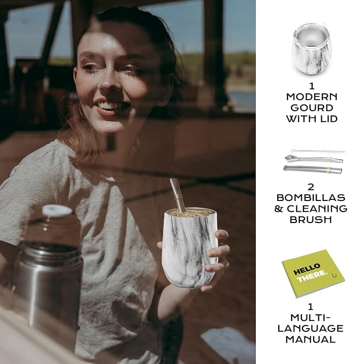 BALIBETOV 5 pcs large Yerba Mate Cup and Bombilla Kit, Includes one 8 oz Yerba Mate Gourd with Lid, Two Bombillas Mate Straw and one cleaning brush (Marble, 8.00)