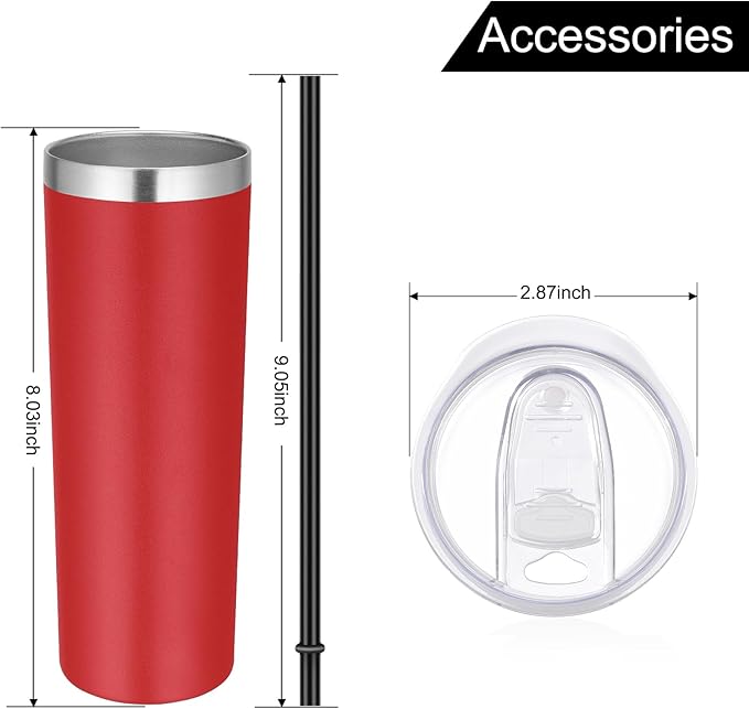 VEGOND 20 oz Stainless Steel Skinny Tumbler with Lids and Straws, 20oz Vacuum Insulated Slim Tumbler Cup, Double Wall Travel Tumblers Bulk for Cold Hot Drinks, Red 6 Pack