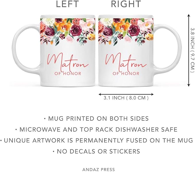 Andaz Press 11oz. Wedding Ceramic Coffee Tea Mug Gift, Fall Autumn Burgundy Orange Peach Flowers Roses Florals, Matron of Honor, 1-Pack, Includes Gift Box