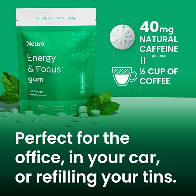 Neuro Energy & Focus Gum - 40mg Natural Caffeine Gum & Nootropic Energy Supplement with L-Theanine & B Vitamins - Sugar Free, Vegan - Spearmint, 90ct