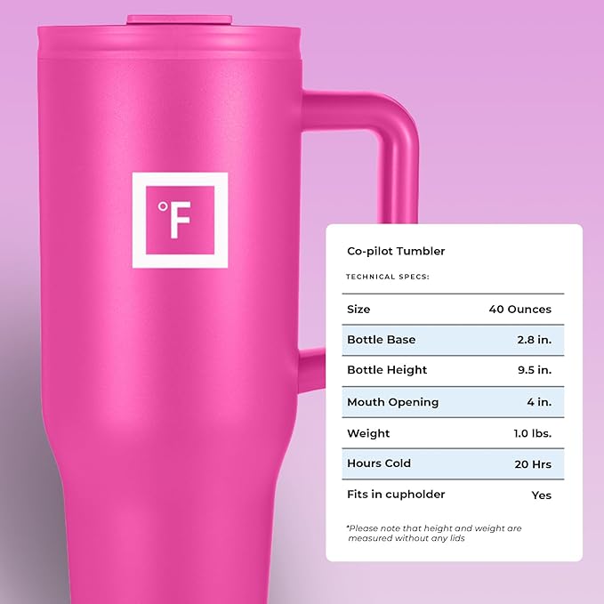 IRON °FLASK Co-Pilot Insulated Mug w/Straw & Flip Cap Lids - Cup Holder Bottle for Hot, Cold Drink - Leak-Proof - Water, Coffee Portable Travel Mug - Pink Tulip, 40 Oz