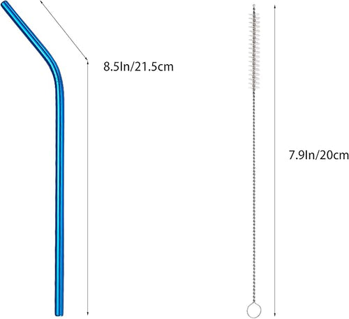 10 Pcs Stainless Steel Straws, Reusable Drinking Straws, Bent Metal Straw Sets with 2 Pcs Cleaning Brushes (Blue, 8.5 Inch)