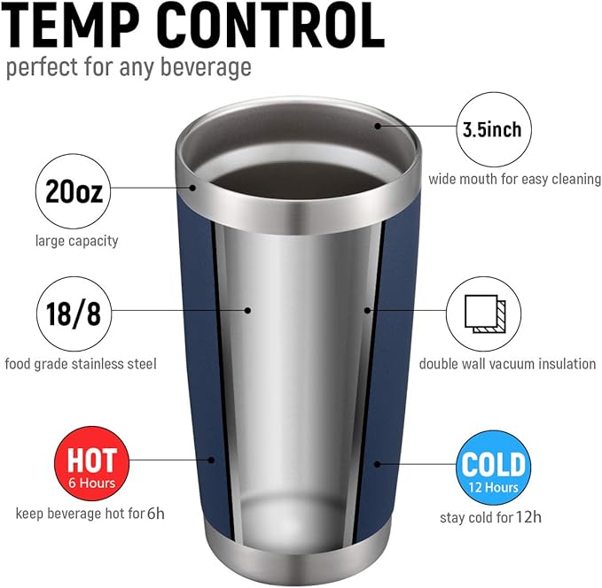 COMOOO 20oz Double Wall Vacuum Insulated Travel Mug Bulk Stainless Steel Tumbler with Lid and Straw Durable Powder Coated Insulated Coffee Cup for Cold & Hot Drinks (Navy, 12 pack